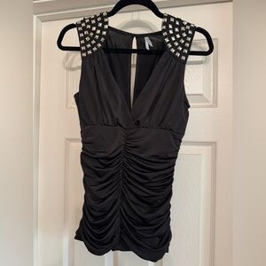 Chic Black Ruched Tank Top with Studded Shoulders